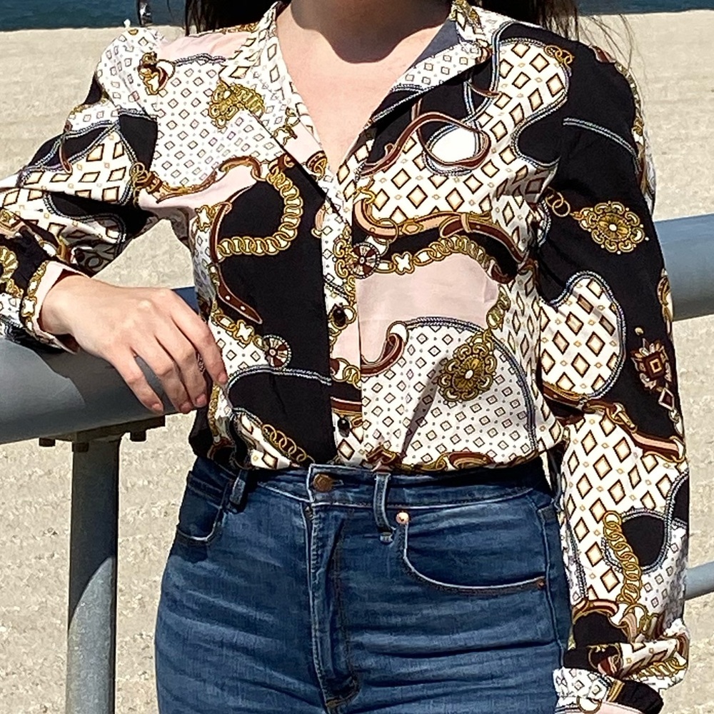 Elegant chain print long sleeve dress  shirt